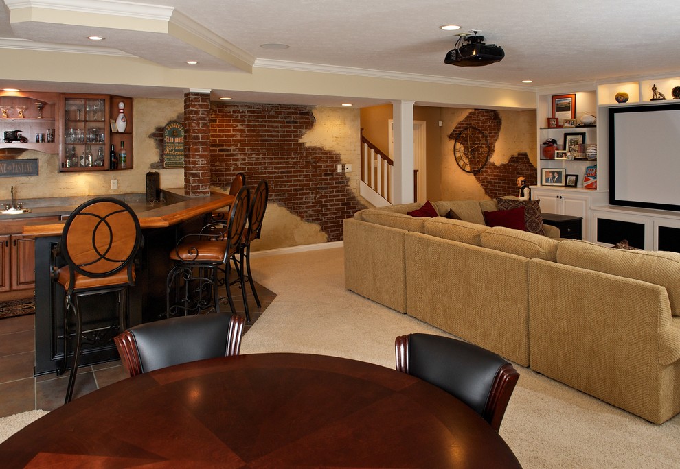 Large elegant carpeted and brown floor basement photo in Indianapolis with yellow walls and no fireplace