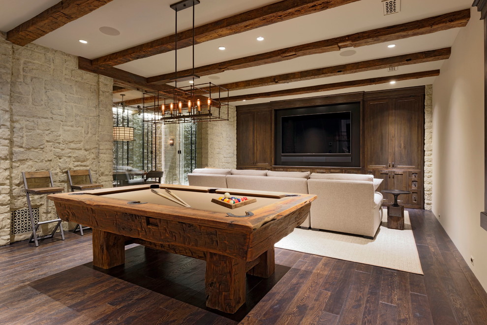 Design ideas for an expansive classic games room in DC Metro with beige walls, dark hardwood flooring and brown floors.