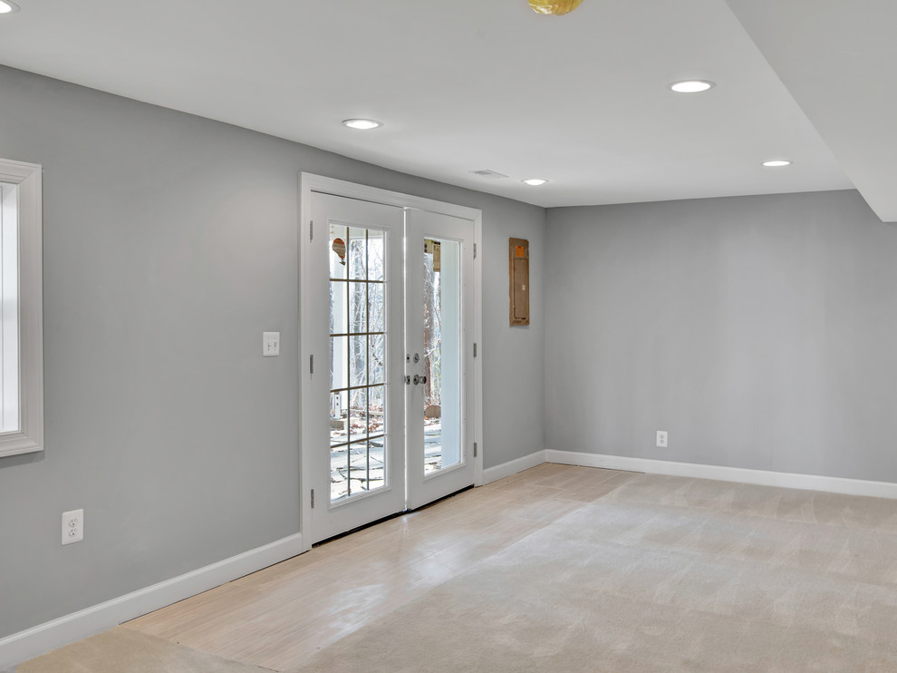 Example of a large minimalist walk-out carpeted and white floor basement design in DC Metro with gray walls