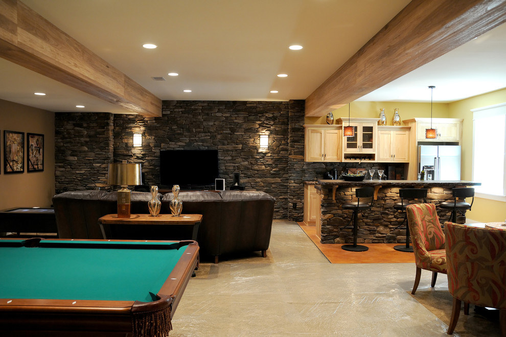 Basement - large rustic ceramic tile basement idea in Chicago with beige walls