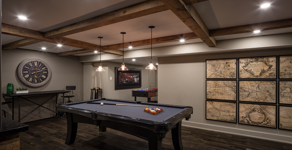 Photo of a contemporary basement in Ottawa with dark hardwood flooring.