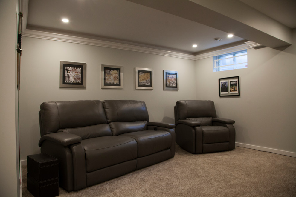 Design ideas for a large rural home cinema in Edmonton with grey walls and carpet.