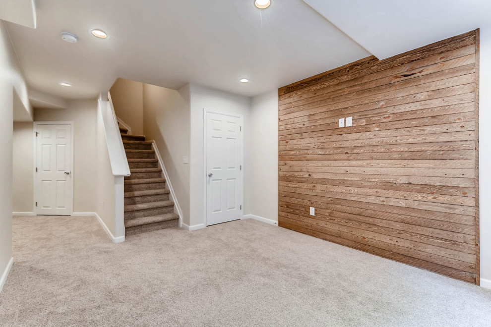 Photo of a small rustic look-out basement in Denver with white walls, carpet and beige floors.