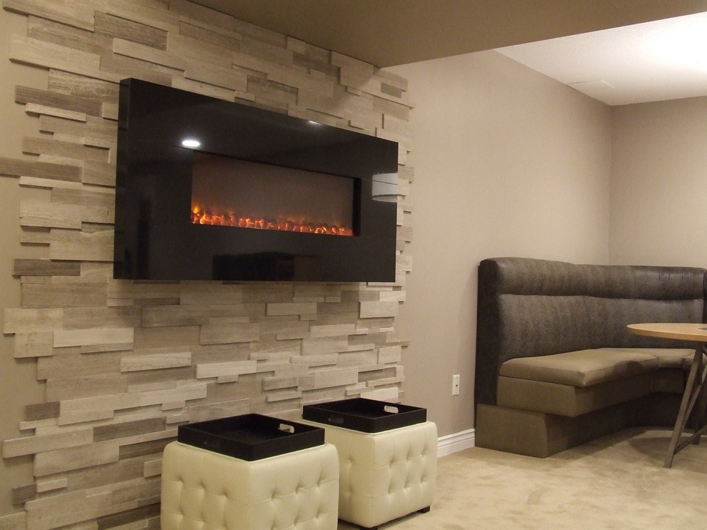 Large transitional look-out carpeted basement photo in Toronto with beige walls