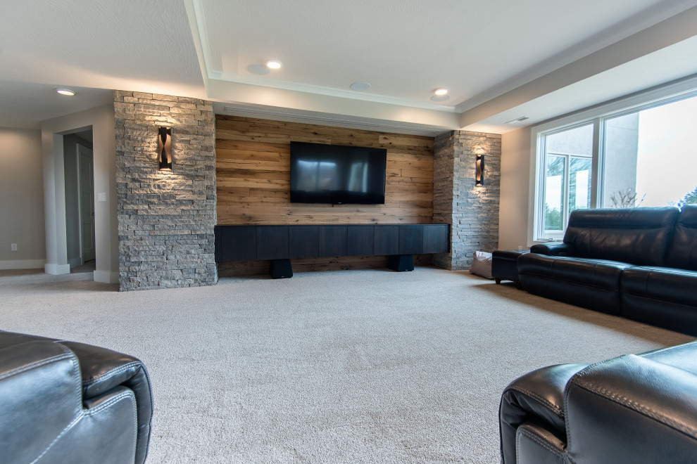 Design ideas for a large traditional look-out basement in Other with grey walls, carpet and grey floors.