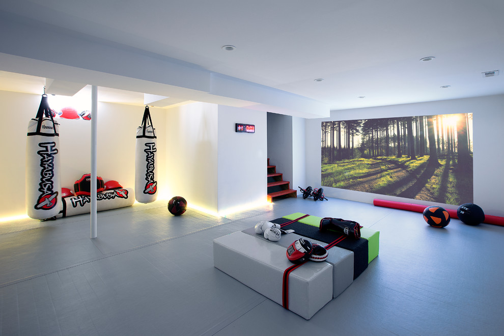 Свежая идея для дизайна: домашний тренажерный зал в стиле модернизм - отличное фото интерьера
