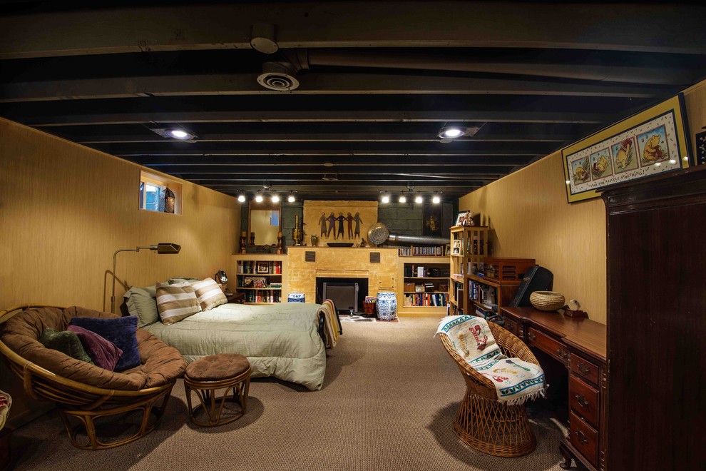 Example of a trendy beige floor basement design in Other