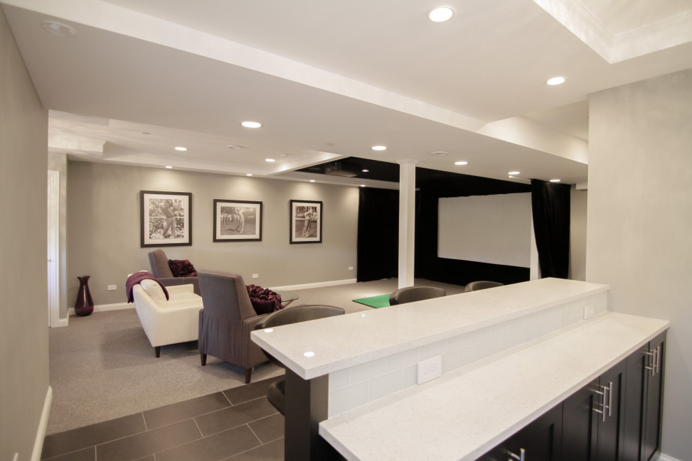 This is an example of a medium sized modern look-out basement in Chicago with grey walls, carpet, no fireplace and grey floors.