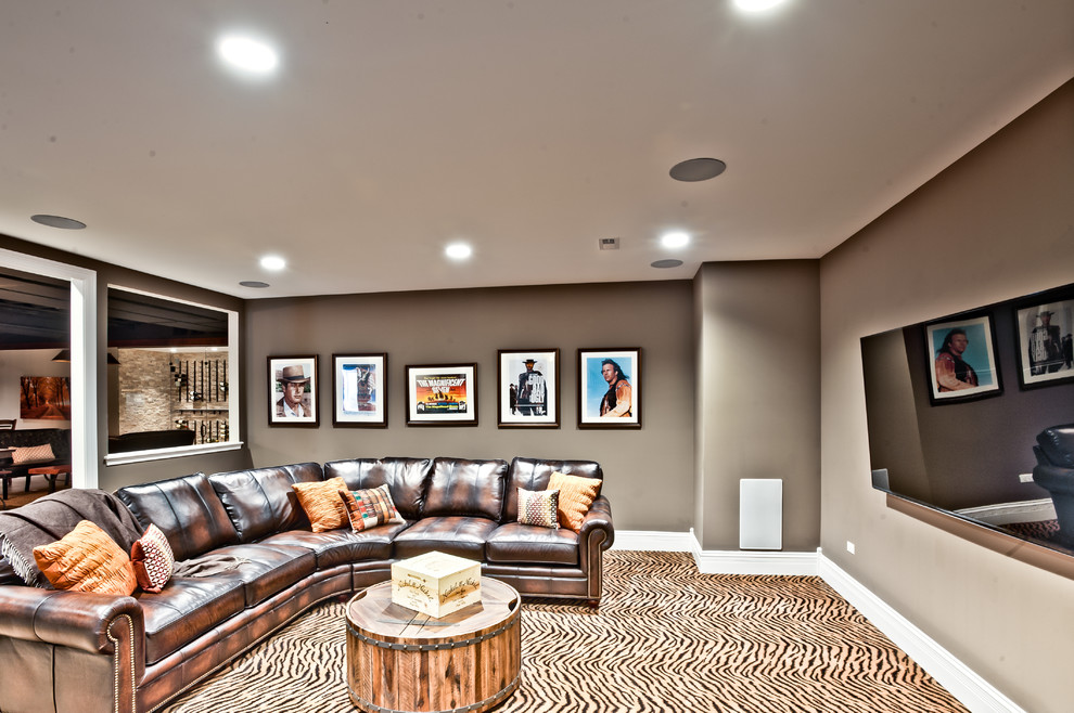 Example of a mountain style underground carpeted and multicolored floor basement design in Chicago with beige walls