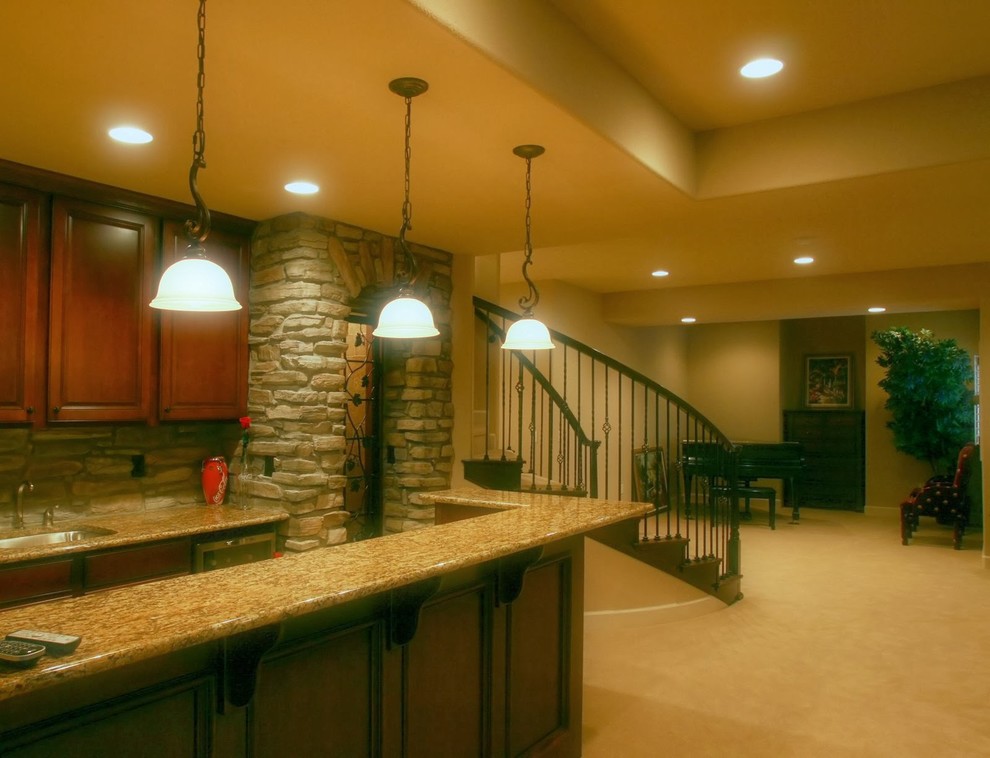 Example of a mid-sized eclectic look-out carpeted basement design in Denver with beige walls