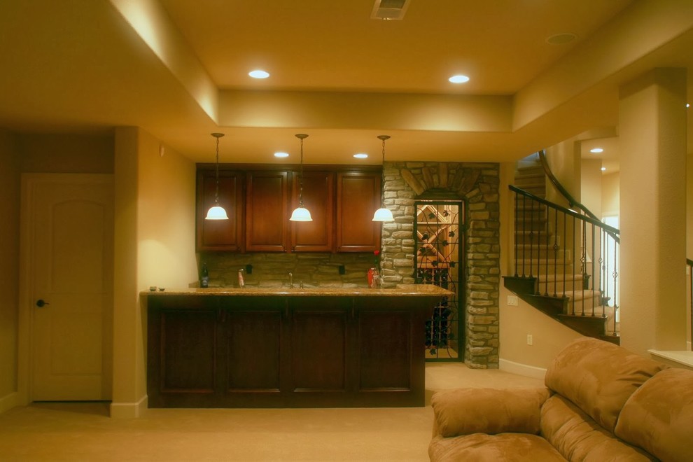 Mid-sized eclectic look-out carpeted basement photo in Denver with beige walls