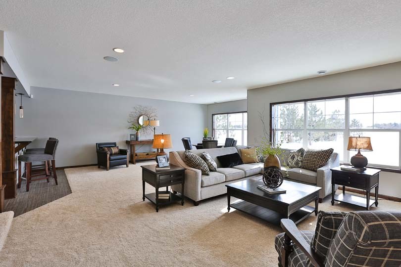 Mid-sized elegant walk-out carpeted basement photo in Minneapolis with gray walls and a stone fireplace