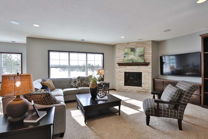 Example of a mid-sized classic walk-out carpeted basement design in Minneapolis with gray walls, a ribbon fireplace and a stone fireplace