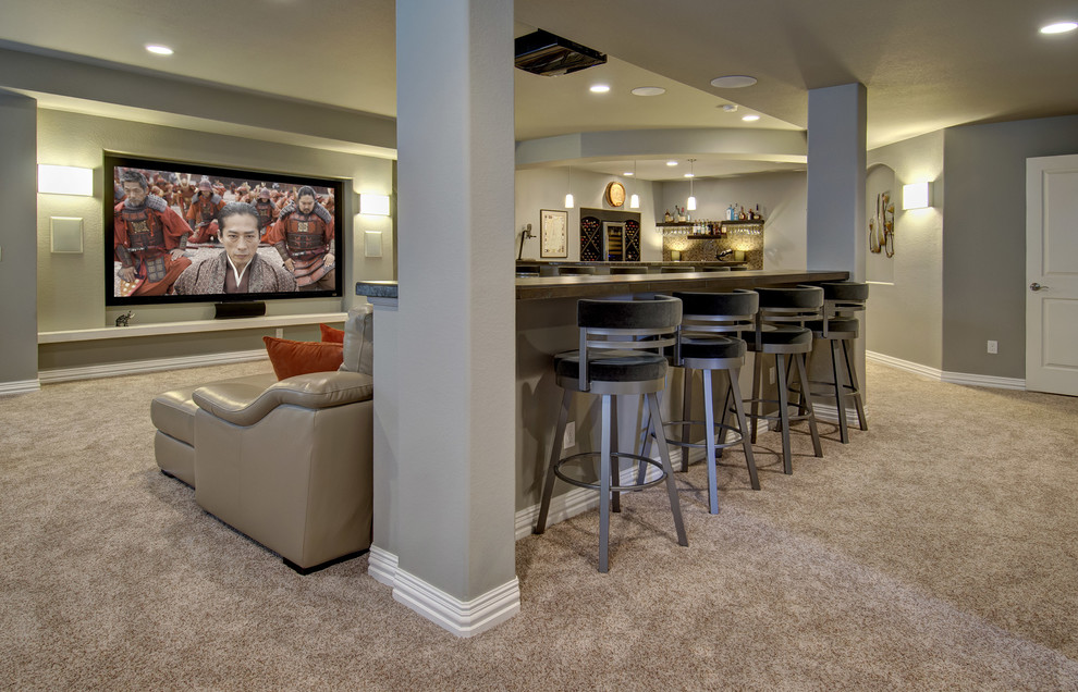 Basement - mid-sized transitional look-out carpeted and beige floor basement idea in Denver with gray walls and no fireplace