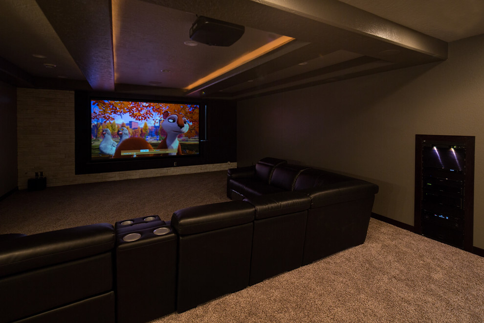 Idée de décoration pour une salle de cinéma minimaliste avec un mur beige et moquette.