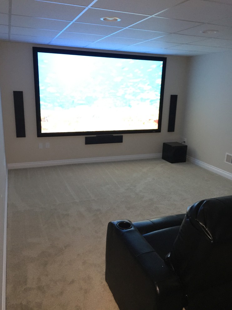 Design ideas for a medium sized home cinema in Detroit with brown walls and carpet.