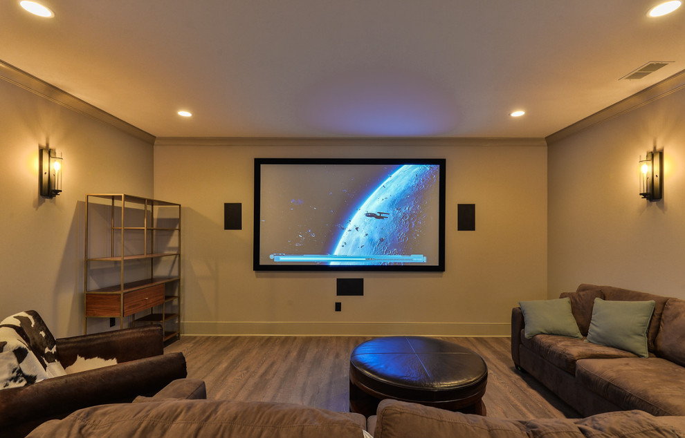 Home theater - mid-sized transitional dark wood floor home theater idea in Louisville with gray walls