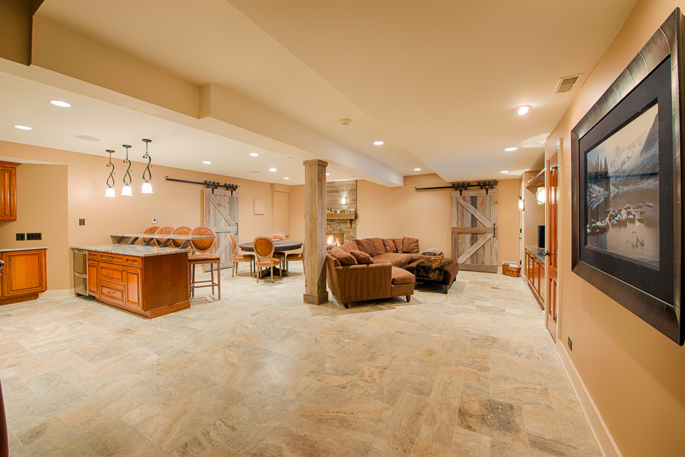 Medium sized rustic basement in Chicago with a home bar, beige walls, ceramic flooring, a standard fireplace and a stone fireplace surround.