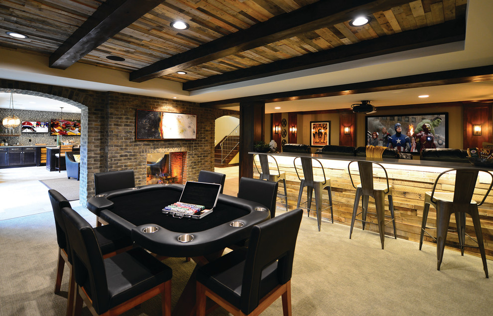 Photo of an expansive contemporary basement in Detroit with carpet, a two-sided fireplace, a brick fireplace surround, grey floors, brown walls and a home cinema.