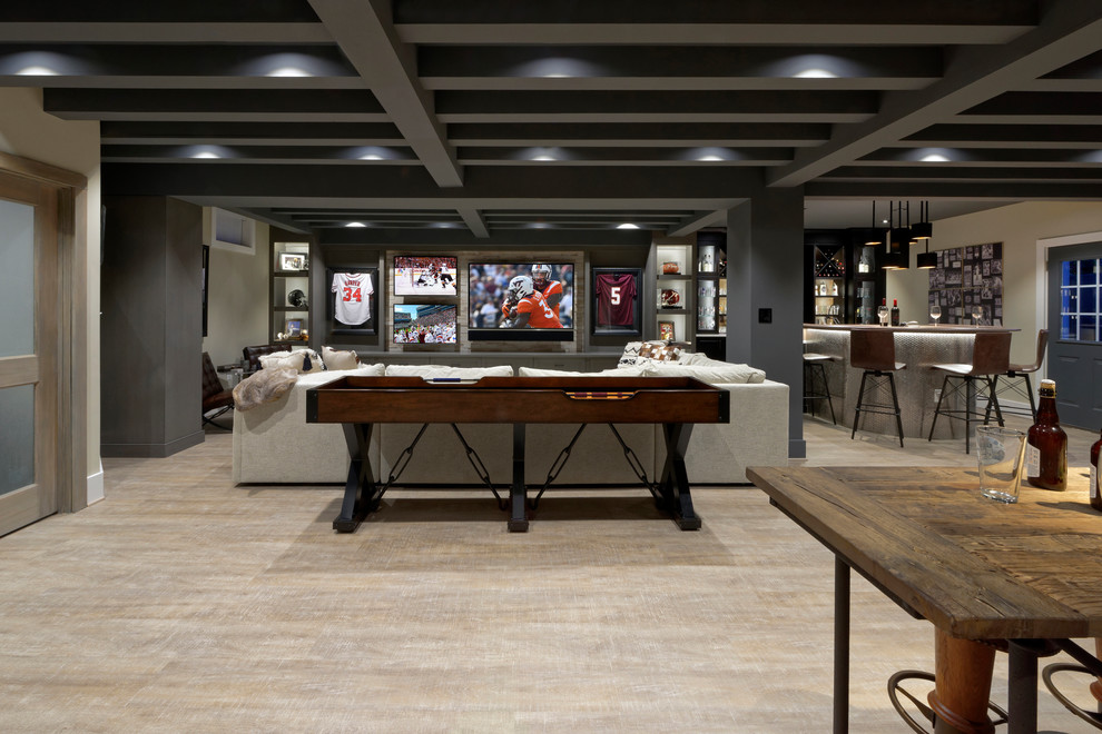 Inspiration for a transitional walk-out beige floor basement remodel in DC Metro with beige walls