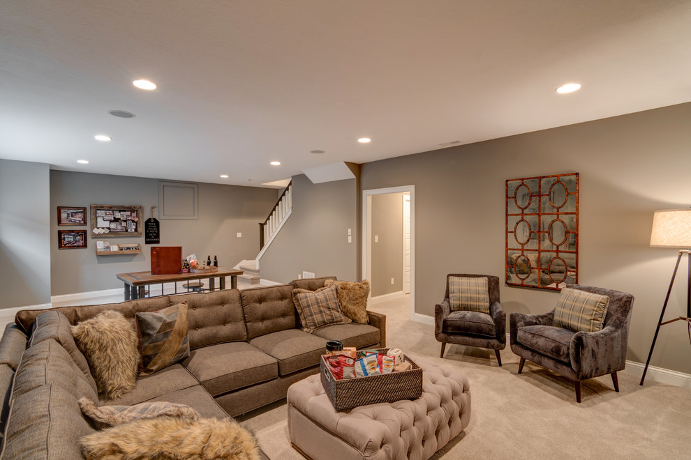 Basement - craftsman look-out carpeted basement idea in Indianapolis with brown walls and no fireplace
