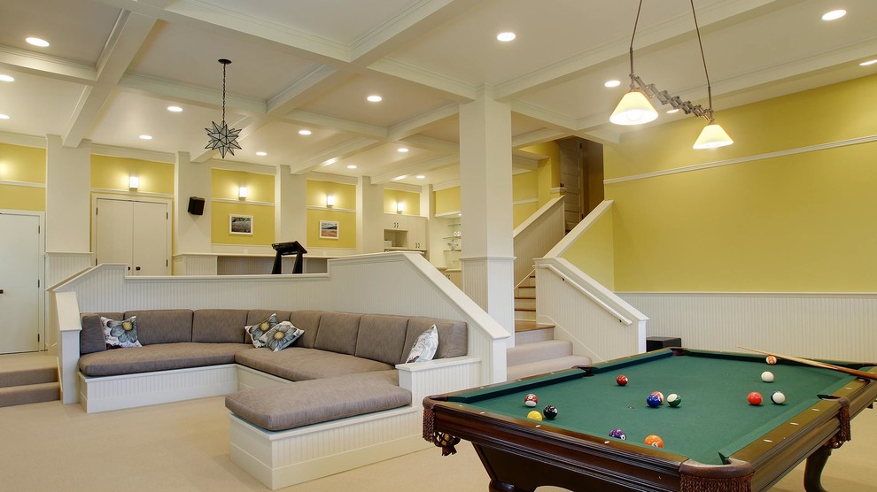 Large elegant basement photo in Seattle with yellow walls