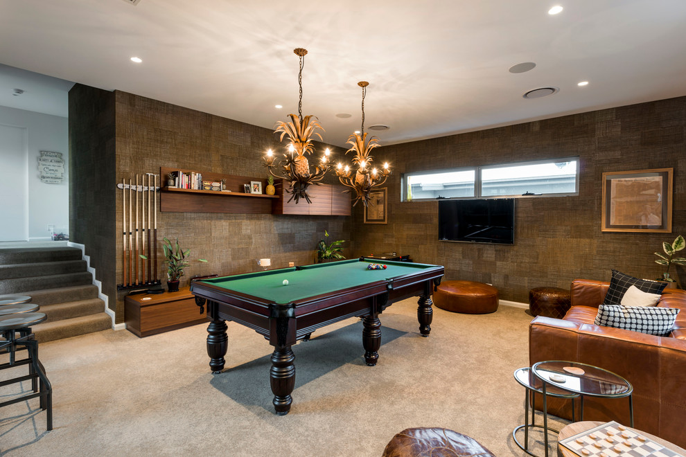 Photo of a contemporary games room in Gold Coast - Tweed with brown walls, carpet and brown floors.