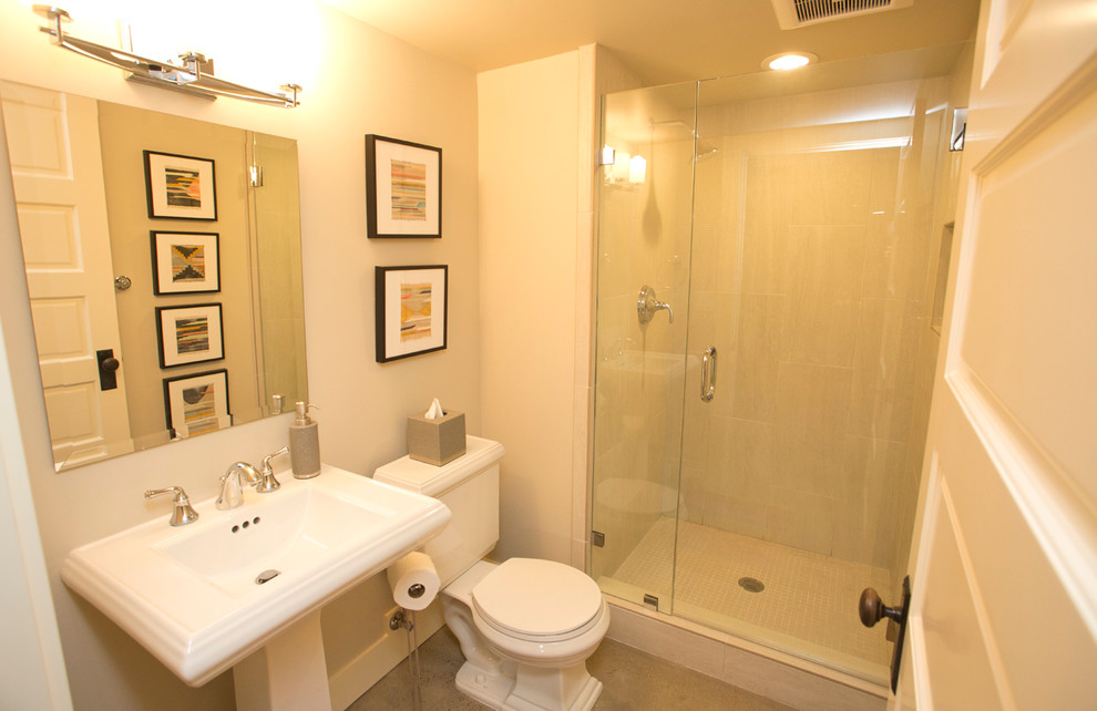 Large transitional concrete floor bathroom photo in Portland with gray walls