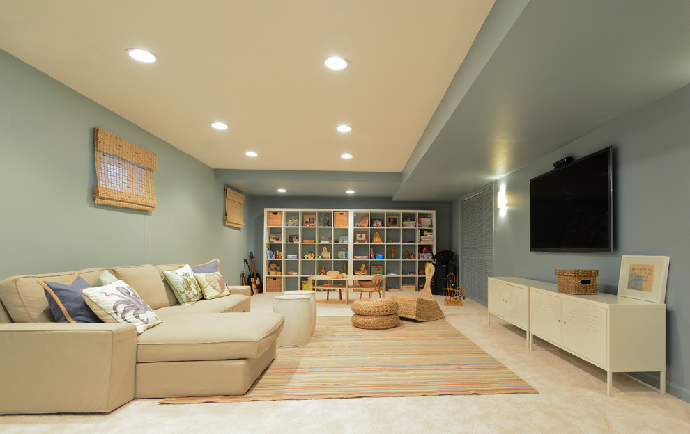 Inspiration for a transitional underground carpeted and beige floor basement remodel in Phoenix with blue walls and no fireplace