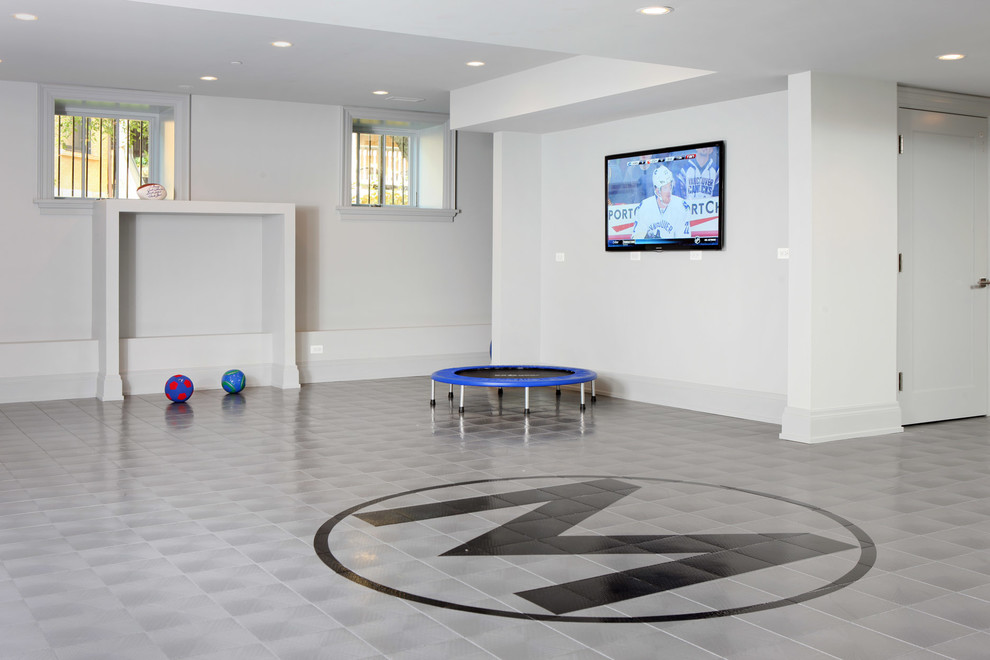 Design ideas for a contemporary home gym in Chicago with white walls and ceramic flooring.