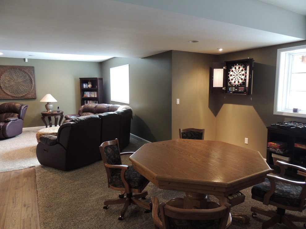 Basement - mid-sized traditional look-out carpeted basement idea in Detroit with beige walls and no fireplace