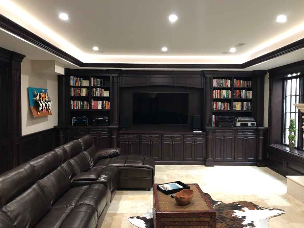 Photo of an expansive classic look-out basement in Chicago with beige walls, travertine flooring and beige floors.