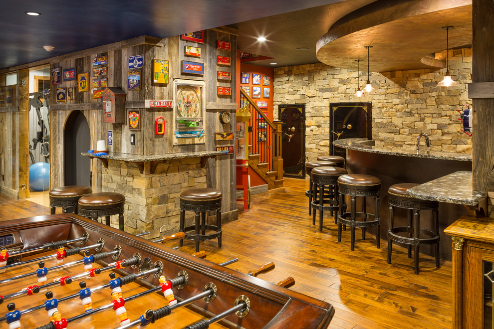 Inspiration for a rustic basement in Kansas City.