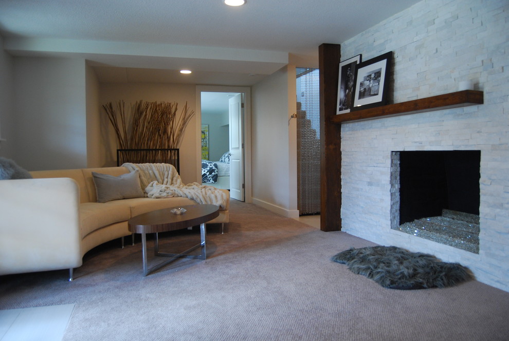 Example of a mid-sized minimalist walk-out carpeted basement design in Kansas City with gray walls, a standard fireplace and a stone fireplace