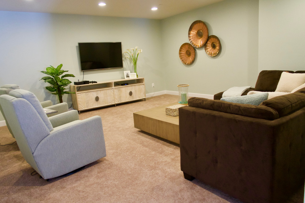 Design ideas for a classic walk-out basement in Baltimore with a home bar, beige walls, carpet and beige floors.