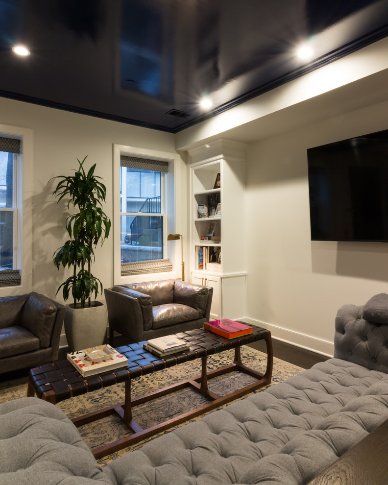 Inspiration for a classic walk-out basement in Boston with white walls, dark hardwood flooring and brown floors.