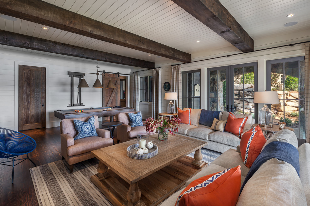 Beach style dark wood floor family room photo in Atlanta with white walls