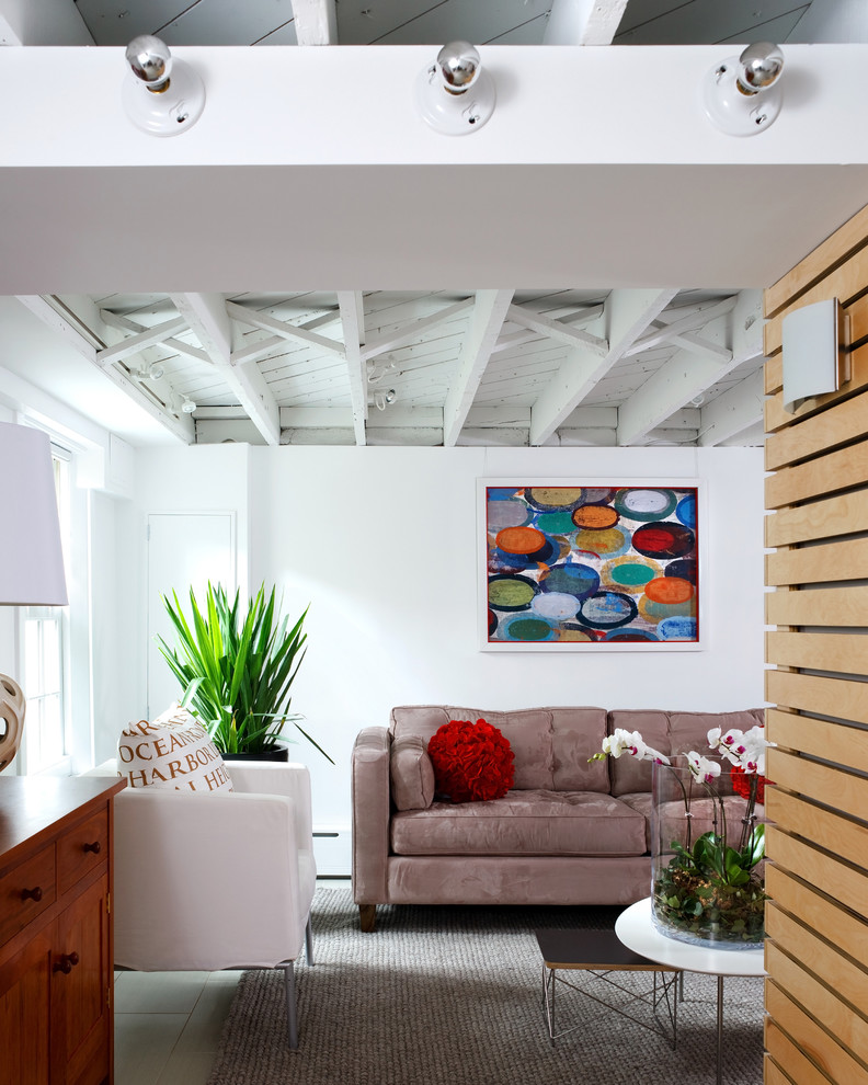 Basement - contemporary look-out ceramic tile basement idea in DC Metro with white walls and no fireplace