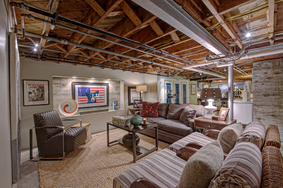 Basement - large eclectic walk-out concrete floor basement idea in Other with beige walls and no fireplace