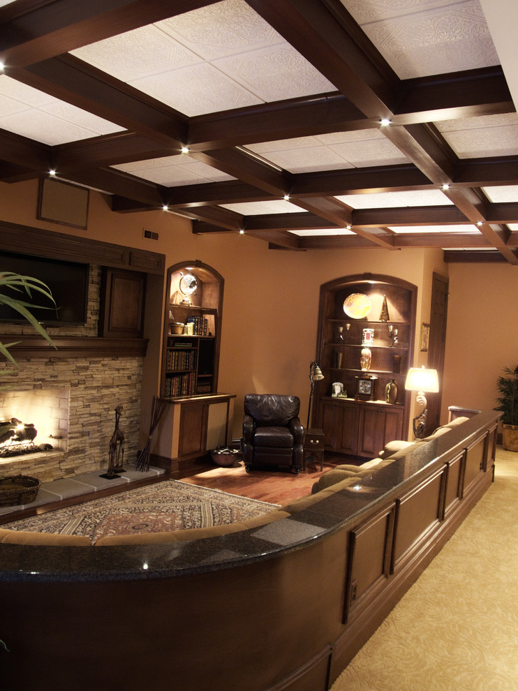 Trendy basement photo in St Louis with a standard fireplace and a stone fireplace