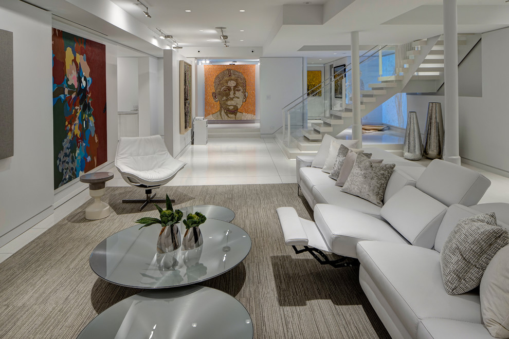 Inspiration for a contemporary basement remodel in Chicago with white walls