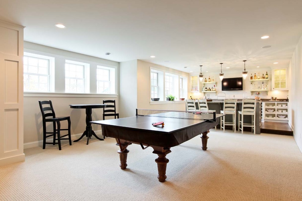 Classic games room in Minneapolis with white walls, carpet, no fireplace and beige floors.