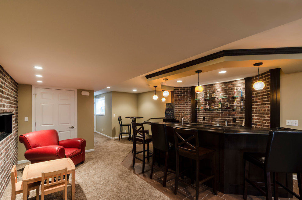 Inspiration for a large timeless underground carpeted basement remodel in Chicago with yellow walls