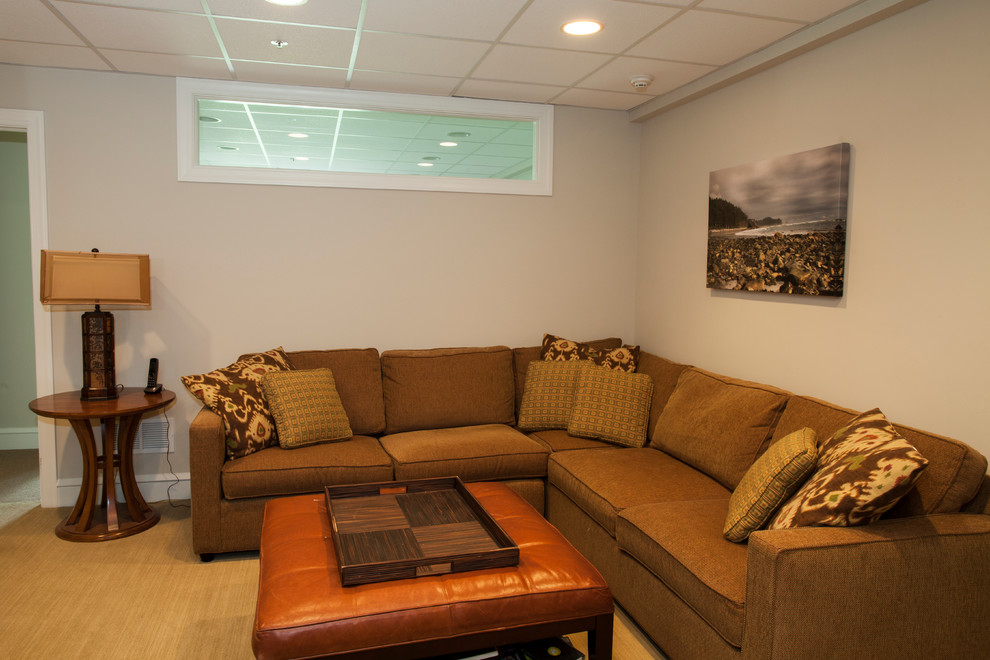 Mid-sized elegant walk-out carpeted basement photo in Philadelphia with beige walls