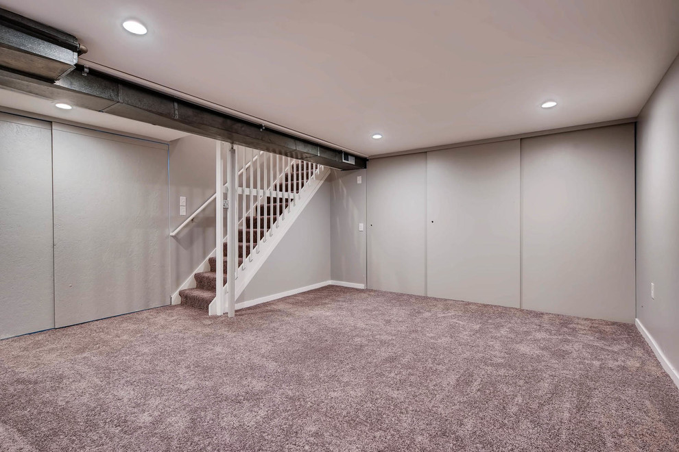 Medium sized classic look-out basement in Denver with grey walls, carpet, no fireplace and grey floors.