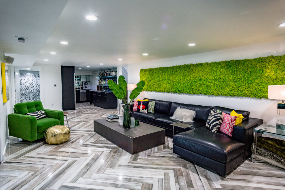 Photo of a large modern walk-out basement in Other with white walls, ceramic flooring and multi-coloured floors.