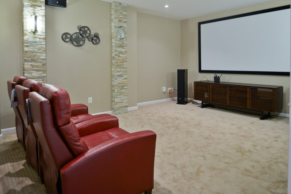 Design ideas for a medium sized traditional home cinema in DC Metro with white walls.
