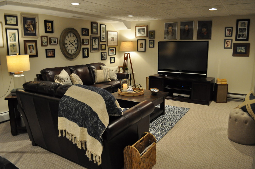 Example of a mid-sized classic underground carpeted basement design in New York with beige walls and no fireplace