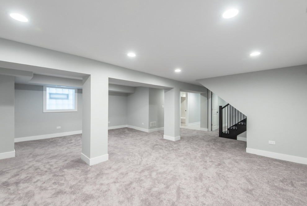 Large contemporary look-out basement in Chicago with grey walls, carpet, no fireplace and grey floors.