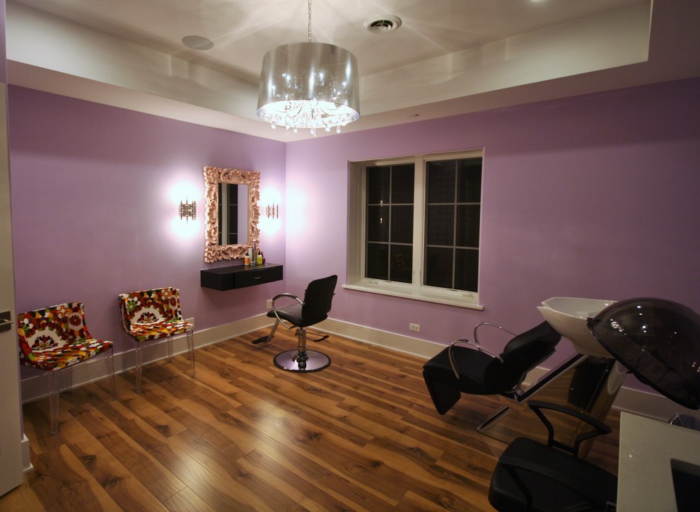 Basement - large contemporary look-out dark wood floor and brown floor basement idea in Chicago with purple walls and no fireplace